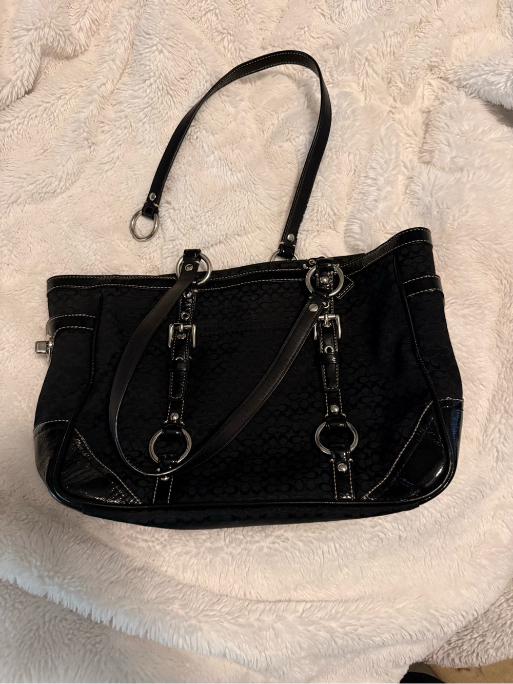 Coach Black Signature Canvas Shoulder Bag with Silver Ring Hardware